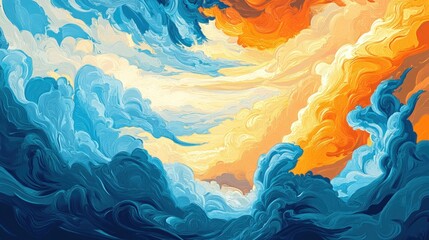 Abstract swirling cloudscape, blue and orange hues.