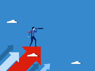 Business Vision, Businessman holding binoculars standing on an arrow up to success