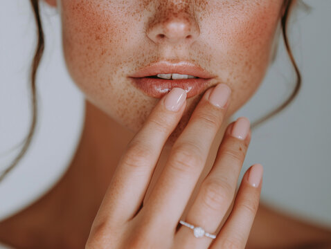 portrait of a bride on her wedding day blush bronzer freckles pink lips pink white natural neutral nudes classic minimalist manicure pretty nails hand engagement ring bridal wedding inspo sophisticate