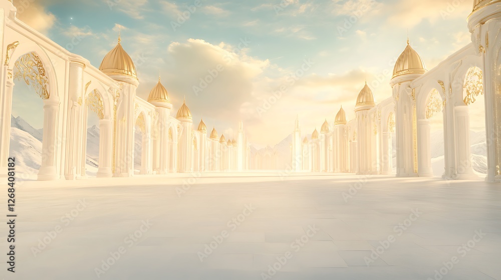 Poster a stunning image of a mythical golden city set in the clouds, inviting exploration and imagination.