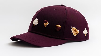 Burgundy baseball cap with autumn-themed embroidery