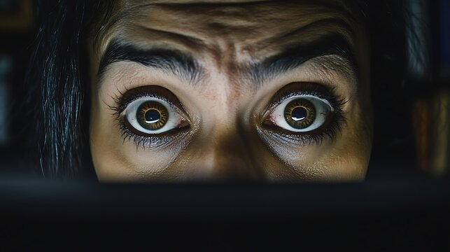 A woman with brown hair and brown eyes is staring at the camera