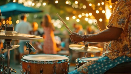Naklejka premium Summer Night Concert: Drummer in Action