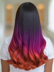 Naklejka premium Vibrant ombre hair transformation with smooth black, purple, and orange waves