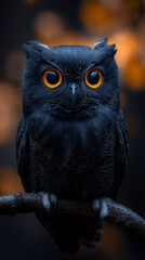 A collection of mystical black owls with glowing orange eyes and starry, cosmic-patterned feathers perched on branches.