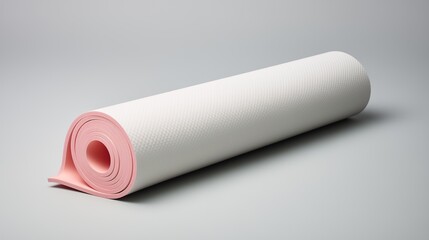 A yoga mat partially rolled, displaying its smooth surface, placed on a white backdrop.