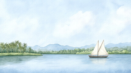 Obraz premium Serene Watercolor Landscape with Sailboat