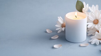 Serene lit candle and white daisies on soft blue textured surface