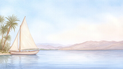 Naklejka premium Serene Lakeside Sailboat Watercolor Painting