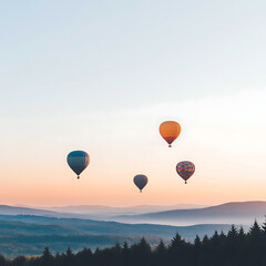 Obraz premium Hot Air Balloons Floating Above the Misty Mountain Valleys at Sunrise Sky Serene Landscape Scenery