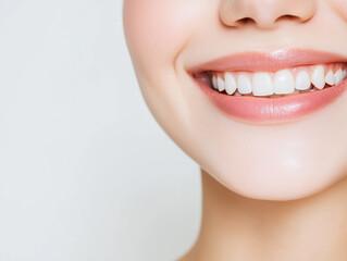 Fototapeta premium young east asian girl woman model gen z gen alpha clear skin blush smiling against a white background in a studio with clear glass skin dental natural dentist veneers high definition lip balm tint