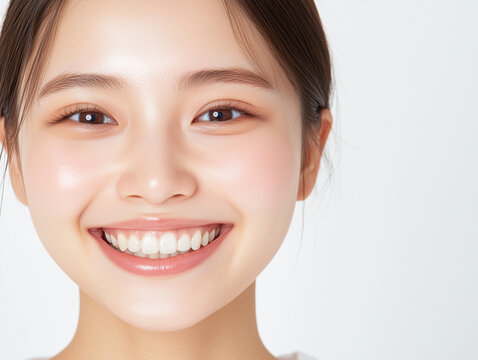 young east asian girl woman model gen z gen alpha clear skin blush smiling against a white background in a studio with clear skin no pores and aegyo sal