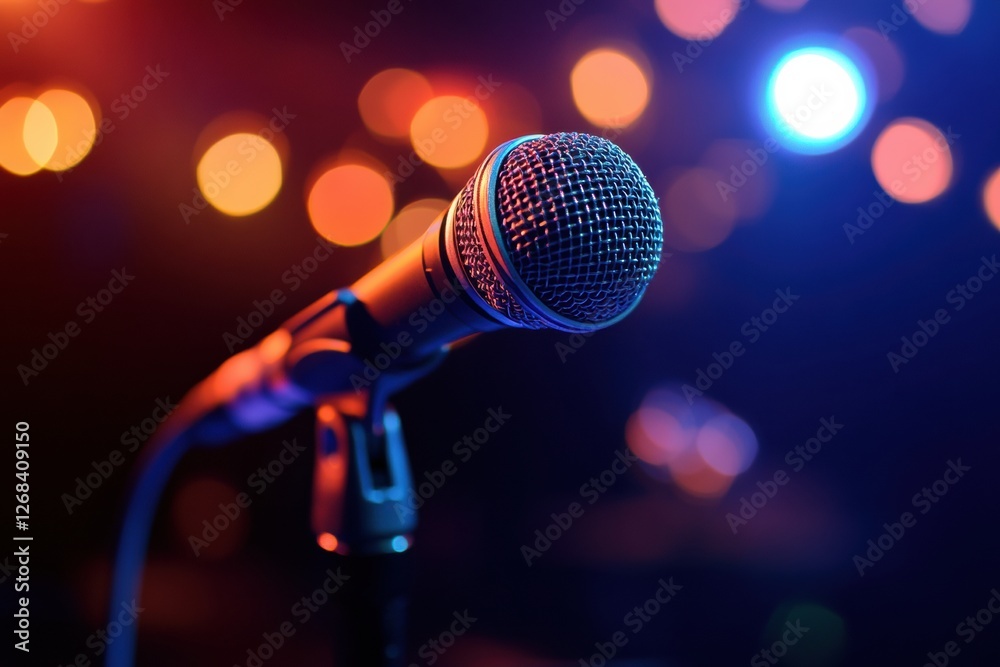 Poster vibrant microphone ready for performance in a lively venue with colorful lights in the background. g