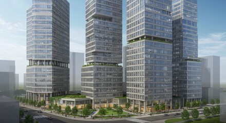 Fototapeta premium Modern skyscrapers with green spaces and urban activity in background