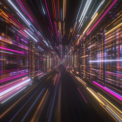 Fototapeta premium Hyperspace Tunnel with Glowing Lights in a Futuristic Corridor Generating an Advanced Digital Realm