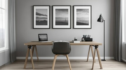 Modern home office workspace, minimalist design, gray walls, natural light