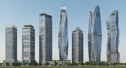 Obraz premium Modern skyscrapers with unique designs against a clear blue sky