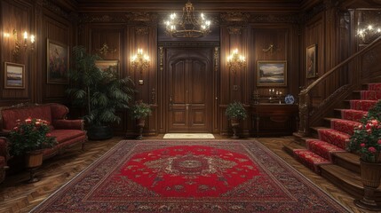 Obraz premium Living room interior with red couch red rug and doorway showcasing home decor without people present