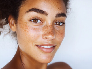 mixed race african american black woman young glowing skin close up plain white studio background thick eyebrows brunette curly hair natural moisturiser glowing skin freckles cute