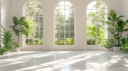 Fototapeta premium Interior of a bright room with numerous windows plants and a doorway without any people present