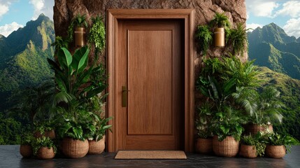 Fototapeta premium Wooden door with plant in front of home doorway showcasing interior details in studio lighting