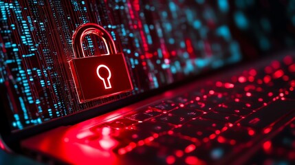 Data security concept, padlock on laptop, strong password and firewall protection, safeguarding personal information from cyber attacks