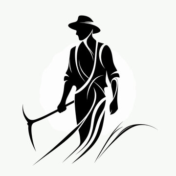 recommend clip art: Black and white stylized farmer with scythe illustration