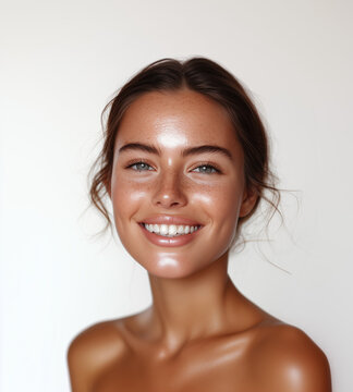 Pretty Woman White Background Model Smile Tan Natural Makeup Blue Eyes Studio Photography 4k HD Smile Teeth Healthy Clean Glowing Luminous Skin Close Up Bare Shoulders Smiling Smile Veneers 