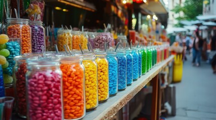 Colorful Candies in Jars: A Sweet Street Vendor Display in a Bustling Market