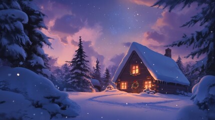 Cozy snow-covered cabin at twilight.