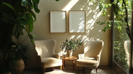 Sunlit conservatory chairs, plants, calm