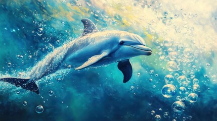 Fototapeta premium Dolphin swimming underwater with bubbles.