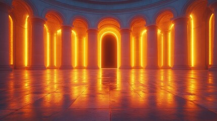Obraz premium Room with orange lights and illuminated doorway leading into dark mysterious space
