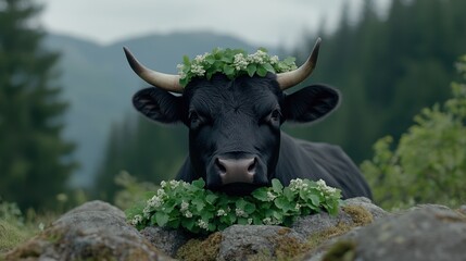Majestic black bull with floral crown in serene mountain landscape
