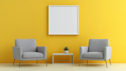 Yellow room, two armchairs, blank frame, minimalist design, interior design mockup