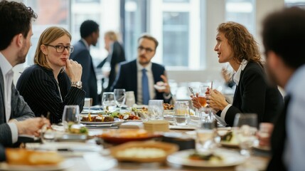A professional networking lunch with colleagues discussing projects over food. Stock photo