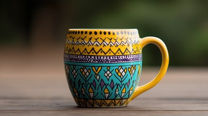 Colorful patterned mug on wooden table with blurred green background