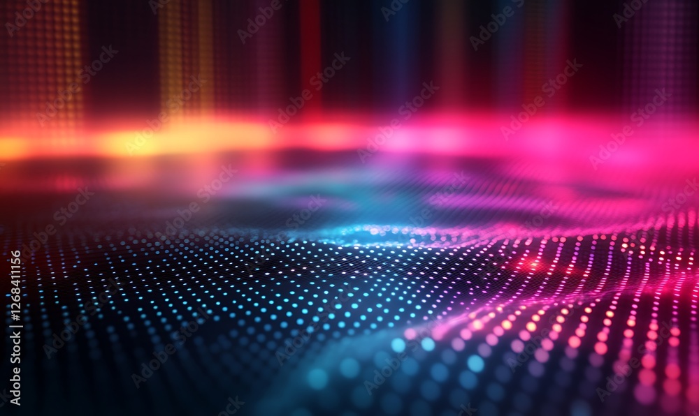 Leinwandbilder A vibrant 3D holographic grid featuring a pulsing neon data stream in a visually striking design.