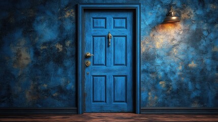 Illuminated blue door symbolizing new opportunities and pathways with soft light shining through