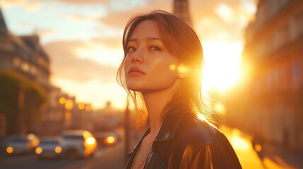 Stylish young woman in city at golden sunset