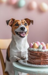 Happy Jack Russell Terrier at Easter table with chocolate cake