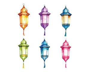Hand-painted watercolor lantern set with colorful glass and intricate metal details for Islamic decoration  
