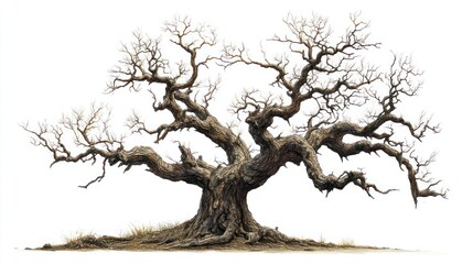 Fototapeta premium Ancient gnarled tree, winter landscape, isolated, nature illustration, design element