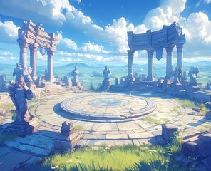 Fototapeta premium Ancient circular stone arena with columns and ruins on grassy plain under bright cloudy sky