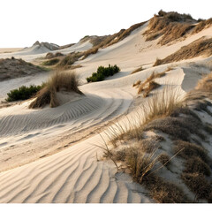 Sands of time shape the serene landscape at sunset in a tranquil desert environment