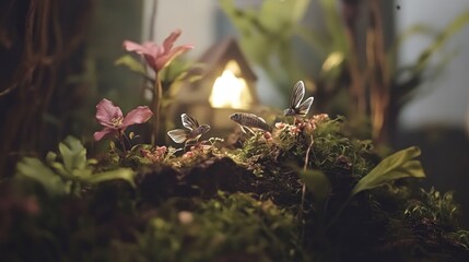 Obraz premium Miniature fairy garden with tiny insects, flowers, and a house.