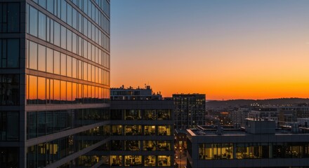Sunset view over urban skyline with modern buildings reflecting light