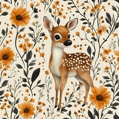 Fototapeta premium Seamless woodland deer pattern with autumn leaves and cute wildlife