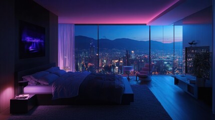 Cityscape view modern bedroom, night lighting, purple ambiance, relaxation