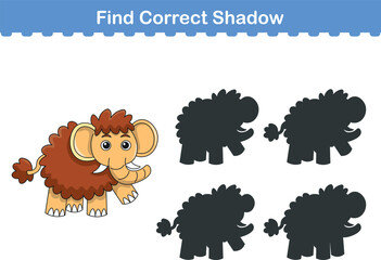 Funny cartoon mammoth. find the correct shadow. Kids Education games. Cartoon vector illustration